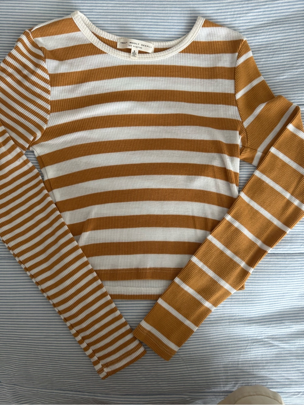 Truly Madly Deeply Camel & White Striped Ribbed Top